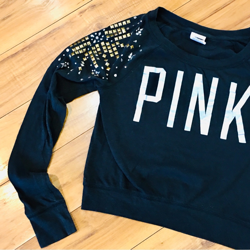 Victoria Secret Pink sequin bling crop top shirt cotton black gold XS sm…